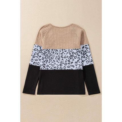 Black Cheetah Textured Patchwork Buttoned Round Neck T Shirt