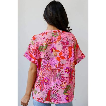 Rose Jungle Floral Print Notch V Neck Blouse