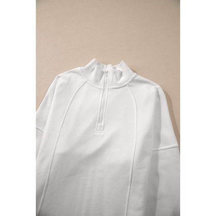 White Zipped Neck Pullover Drop Shoulder Sweatshirt