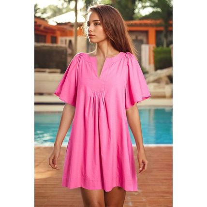 Bonbon Split V Neck Short Flutter Sleeve Pleated Shift Dress