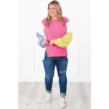 Rose Red Colorblock Patchwork Striped Puff Sleeve Plus Size Top with Slits
