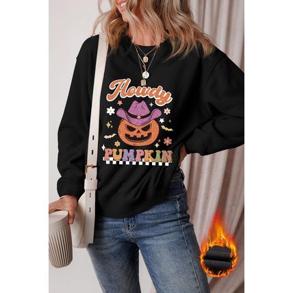 Black Halloween Howdy PUMPKIN Print Crew Neck Pullover Sweatshirt