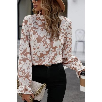Flaxen Floral Print Frilled Neckline Flounce Sleeve Blouse