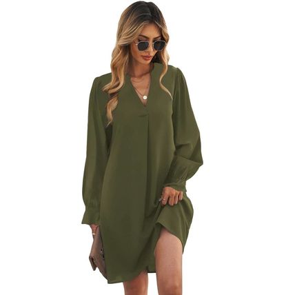 Green Split V Neck Ruffled Sleeves Shirt Dress
