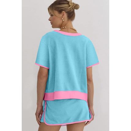 Turquoise Sequined American Bowknot Contrast Trim Casual Skirt Set