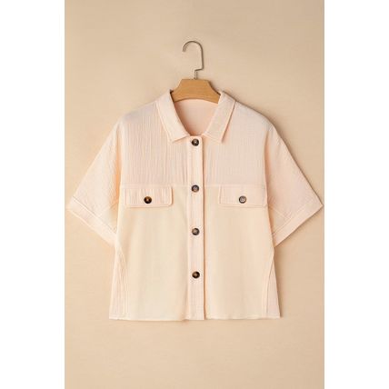 Beige Waffle Splicing Short Batwing Sleeve Flap Detail Shirt