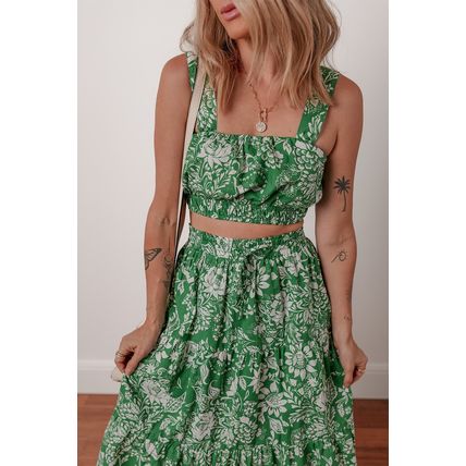 Green Floral Print Shirred Crop Top and High Waist Midi Skirt Set
