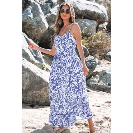 Sky Blue Floral Print Spaghetti Strap High Waist Maxi Dress