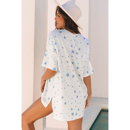 Sky Blue Stars Print Drop Shoulder Oversized T Shirt with Slits