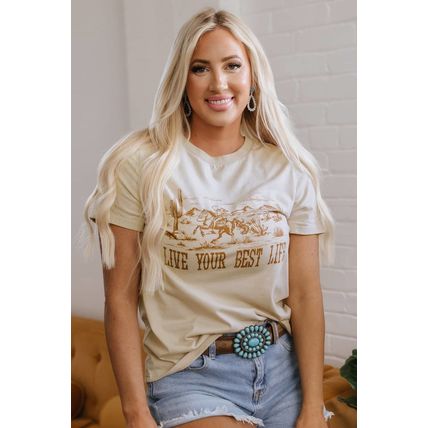 Beige LIVE YOUR BEST LIFE Crew Neck Western Graphic Tee