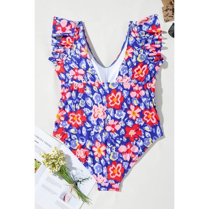 Blue Floral Print Ruffled V Neck High Waist One Piece Swimwear