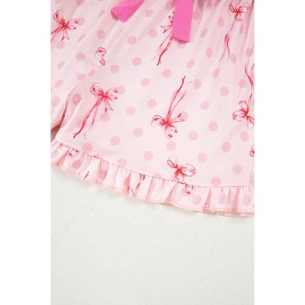 Pink Bow Print Contrast Pipping Short Pajamas Set
