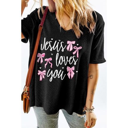 Gray Jesus Loves You Bow Knot Print V Neck Waffle Knit Loose T Shirt