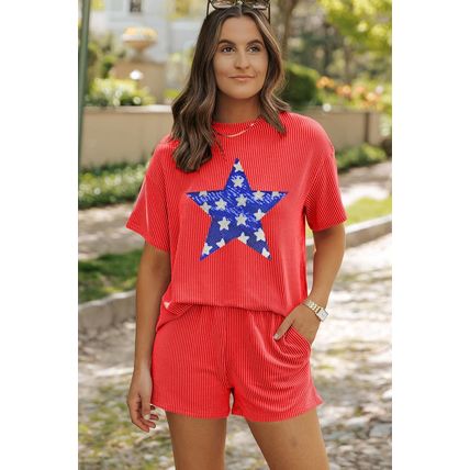 Orange Sequined July 4th Star Graphic Twist Ribbed Short 2pcs Outfit