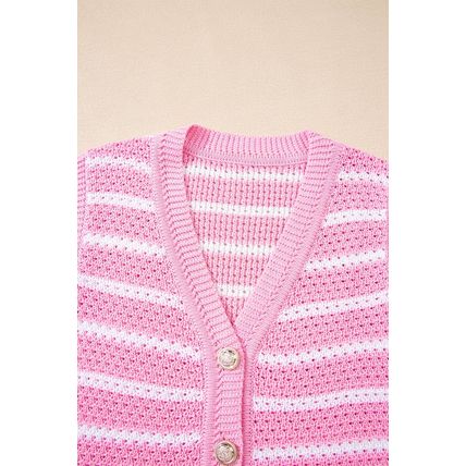 Pink Stripe V Neck Gold Buttons Elegant Sweater Vest