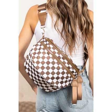 Chestnut Checkered Print Wide Strap Large Crossbody Bag