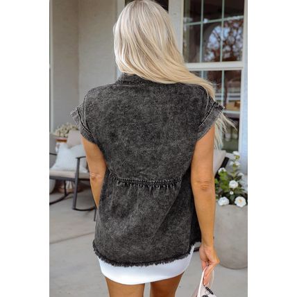 Black Short Sleeve Flap Pocket Button Up Raw Hem Denim Shirt