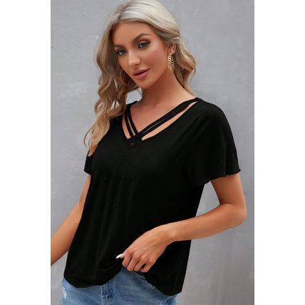 Black Crisscross V Neck Butterfly Sleeve T Shirt
