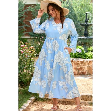 Sky Blue Floral Bracelet Sleeve V Neck Plus Size Tiered Maxi Dress