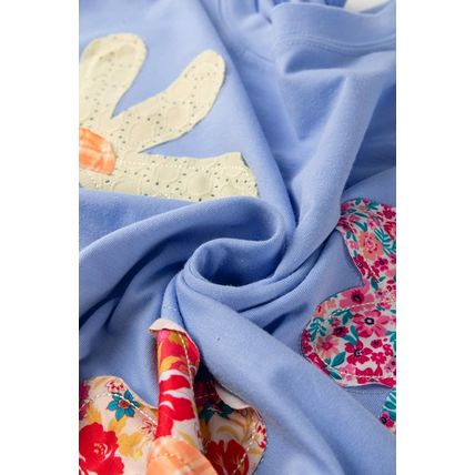 Sky Blue Flower Patched Exposed Stitching Trim Crew Neck Loose Tee