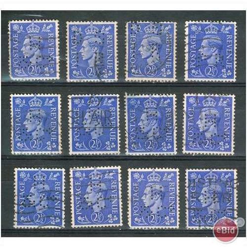 GB stamps 1937-47 KGV1 - 2&1/2d ultra SG466 perfins x12