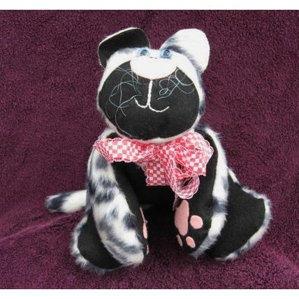 Sitting Cat Doll Handmade Black White Faux Fur 16 inches tall Adjust Position