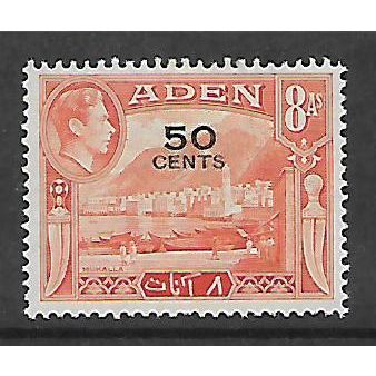 ADEN 1951 50c on 8a RED ORANGE SG 41 M / MINT