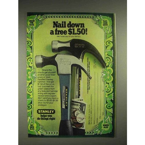 1977 Stanley Hammer Ad - Nail Down a Free $1.50