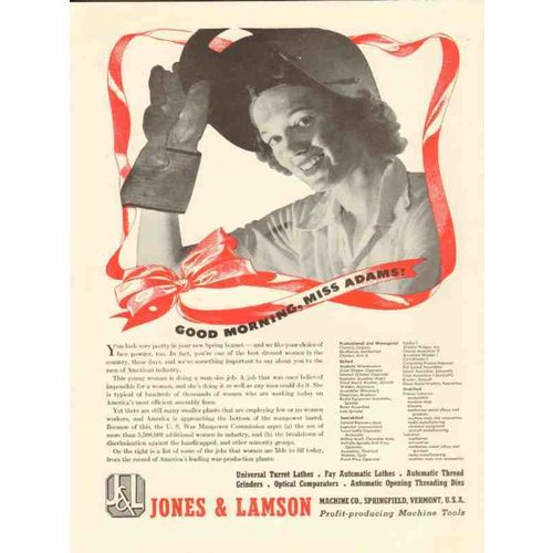 JONES LAMSON MACHINE COMPANY 1943 Good morning Miss Adams vintage ad
