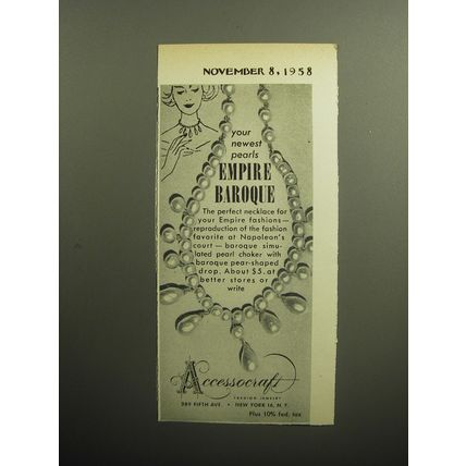 1958 Accessocraft Jewelry Ad - Your newest pearls Empire Baroque
