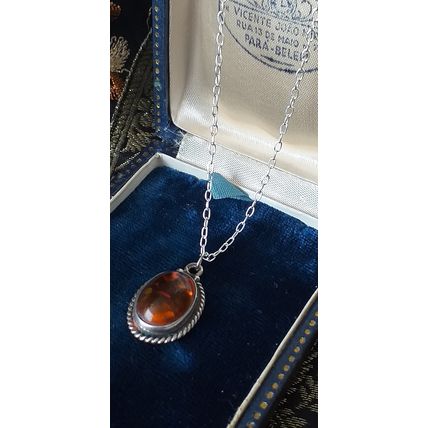 Antique Vintage 1940-s 925 Sterling Silver Natural Amber Pendant & 18 Inch Chain