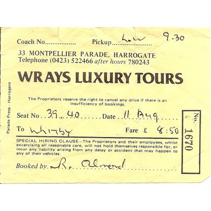 Excursion Ticket issued by Wrays Luxury Tours - Harrogate to Whitby