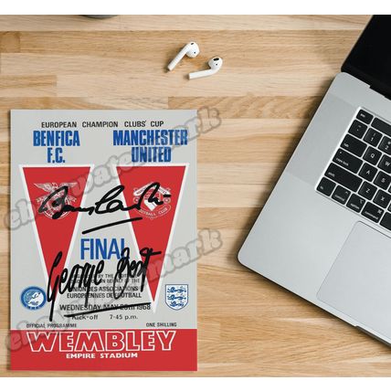 1968 European Cup Final Programme with Charlton, Best & Kidd autographs A5 Print