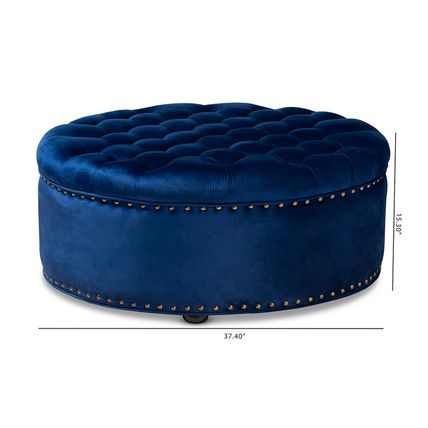 Velvet Round Tufted Cocktail Ottoman Modern Royal Blue Or Gray Brass Tack Nail