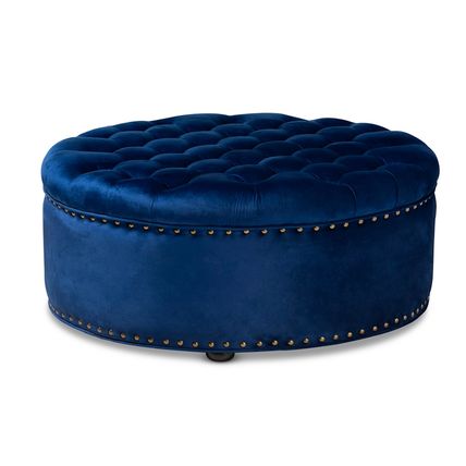 Velvet Round Tufted Cocktail Ottoman Modern Royal Blue Or Gray Brass Tack Nail