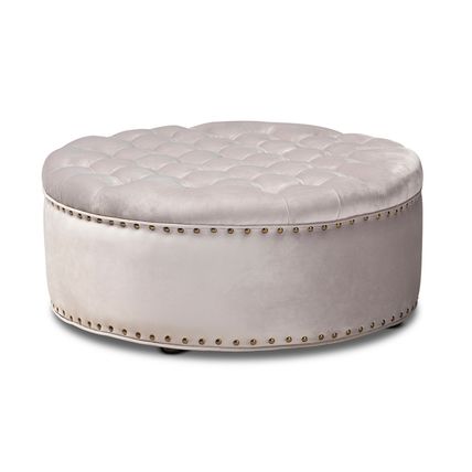 Velvet Round Tufted Cocktail Ottoman Modern Royal Blue Or Gray Brass Tack Nail