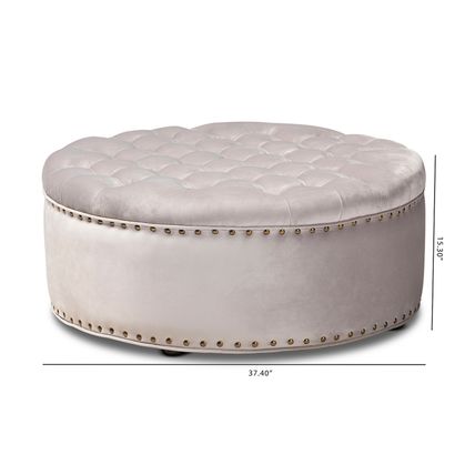 Velvet Round Tufted Cocktail Ottoman Modern Royal Blue Or Gray Brass Tack Nail