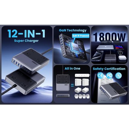 12-In-1 Charging Station USB C Power Strip with 5Ft Cord and Plug,200W Gan IV US