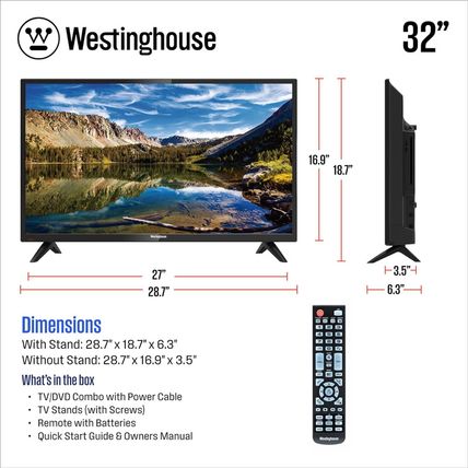 Westinghouse 32 Inch TV with DVD Player Built In, 720P HD LED Small Flat Screen