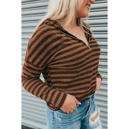 Brown Striped Knit Quarter Zip Hoodie