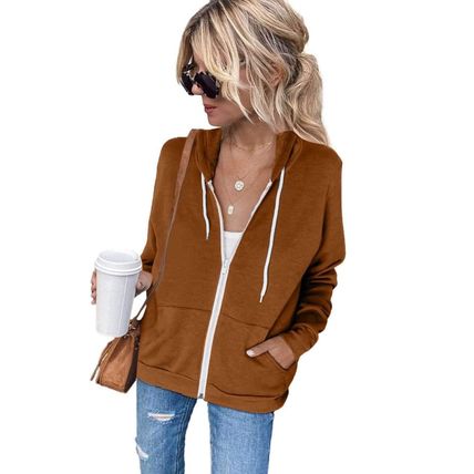 Brown Zip-Up Pocket Drawstring Hoodie Jacket