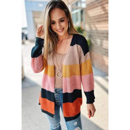 Waffle Knit Color Block Open Front Cardigan