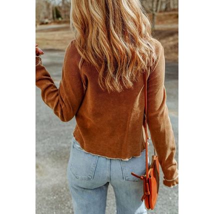 Brown Textured Round Neck Long Sleeve Top