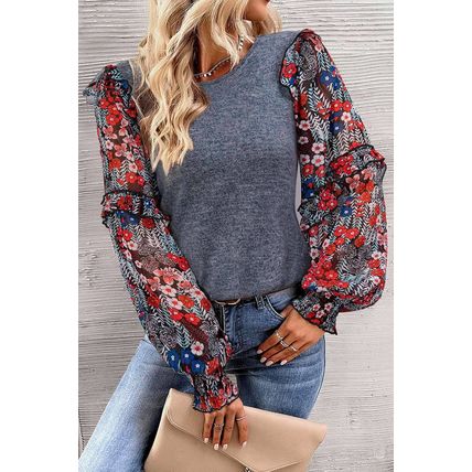 Blue Ruffle Tiered Floral Sleeve Crew Neck Blouse