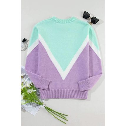 Green Chevron Colorblock Ribbed Knit Drop Shoulder Sweater