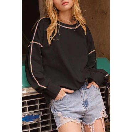 Black Contrast Rainbow Trim Drop Shoulder Pullover Sweatshirt