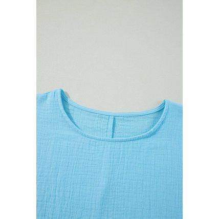 Aruba Blue Crinkled Bracelet Sleeve Flowy Blouse