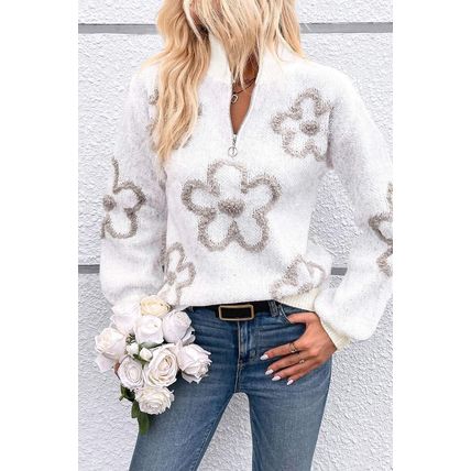 White Contrast Flower Half Zipper Stand Neck Sweater
