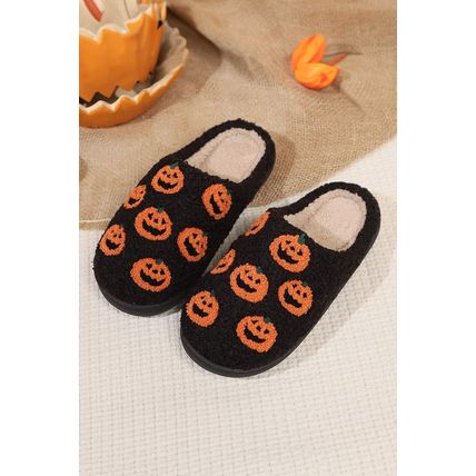 Black Halloween Pumpkin Plush Home Slippers