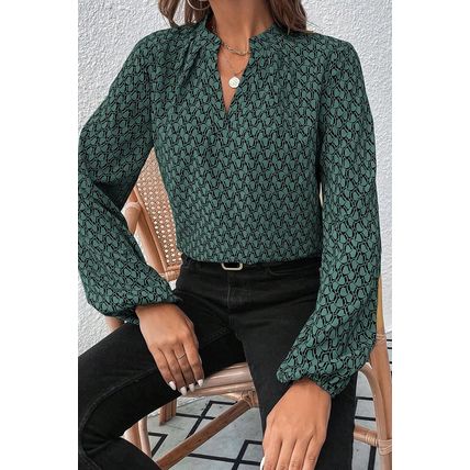 Green Geometric Print Notched Neck Puff Sleeve Blouse